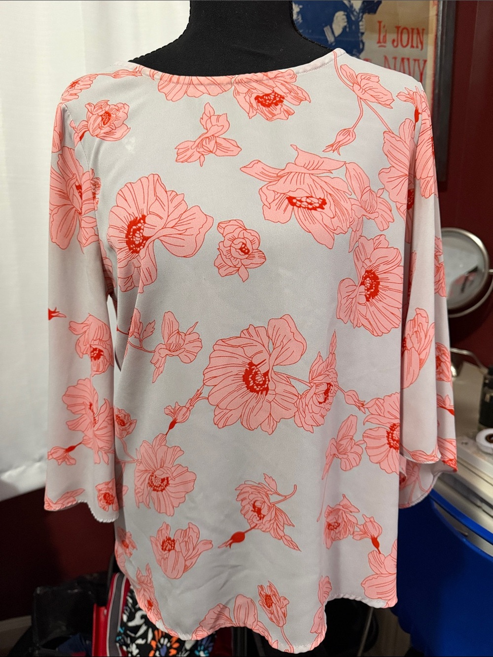 Everly Gray Blouse with Pink Floral Print